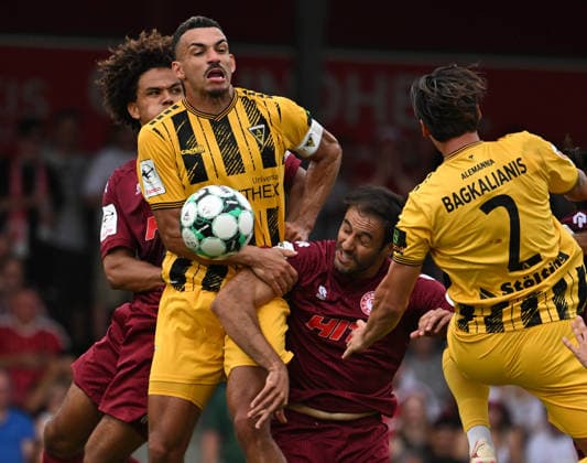 August 15, 2026 xophax, Soccer 3rd Division, SC Fortuna Cologne vs. Alemannia Aachen From left to right: Neo Telle (Fortuna Cologne), Mika Hanrath (Alemannia Aachen), Hamadi Al Ghaddioui (Fortuna Cologne), Petros Bagkalianis (Aachen), Cologne