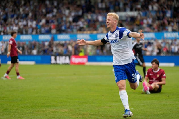 August 15, 2026, Hänsch Arena, Meppen, GER, 3rd Division, Matchday 2: SV Meppen vs. SG Sonnenhof Großaspach, Luca Prasse of SV Meppen 31 celebrates after scoring the 2–0 goal. DFL REGULATIONS PROHIBIT ANY USE OF PHOTOGRAPHS AS IMAGE SEQUENCES AND OR QUASI-VIDEO. Meppen, Lower Saxony, Hänsch Arena
