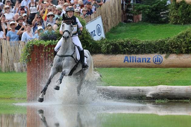 Malin Hansen Hotopp GER, Germany, with her horse Carlitos Quidditch K, Allianz Insurance, Water Jumping, Eventing Dressage, FEI Eventing World Championship, DHL Prize, Individual and Team, Cross-Country, Cross-Country Stage, AACHEN FEI World Championships 2026, World Festival of Equestrian Sports, 2026 Equestrian World Championships, Aachen 2026, Welcome Home 2026, Aachen Soers, August 11–23, 2026, Equestrian Sports, August 15, 2026, Aachen Soers, Germany