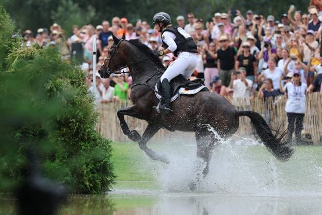 Julia Krajewski GER, Germany, riding Uelzeners Nickel, Nickel, Allianz Insurance, water jump, eventing dressage, FEI Eventing World Championship, DHL Prize, individual and team competitions, cross-country test, cross-country leg, cross-country, AACHEN FEI World Championships 2026, World Equestrian Festival, 2026 World Equestrian Championships, Aachen 2026, Welcome Home 2026, Aachen Soers, August 11–23, 2026, Equestrian Sports, August 15, 2026, Aachen Soers, Germany
