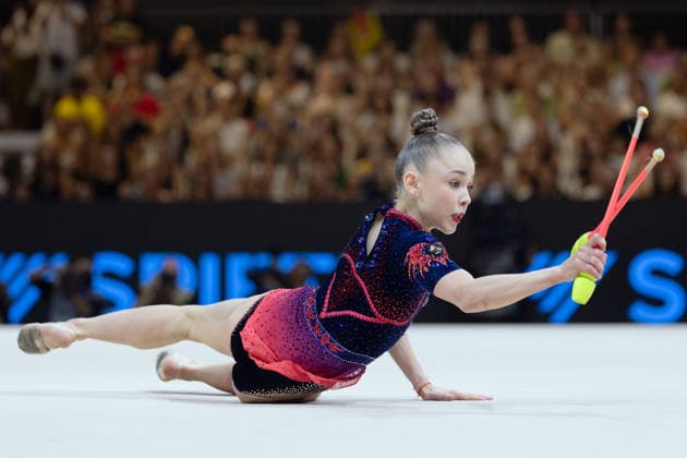 Rhythmic Gymnastics World Championships: Stiliana Nikolova of Bulgaria during her clubs routine. Rhythmic Gymnastics World Championships, August 11–16 at the Festhalle in Frankfurt am Main. Individual All-Around Final, places 1 through 9, Frankfurt am Main, Hesse, Germany, Festhalle