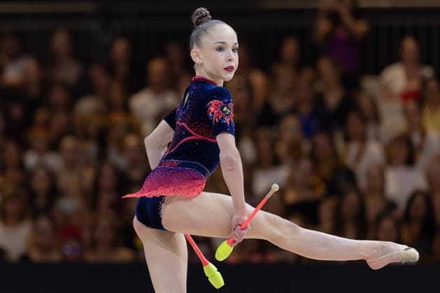 Rhythmic Gymnastics World Championships: Stiliana Nikolova of Bulgaria during her clubs routine. Rhythmic Gymnastics World Championships, August 11–16 at the Festhalle in Frankfurt am Main. Individual All-Around Final, places 1 through 9, Frankfurt am Main, Hesse, Germany, Festhalle