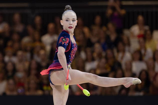 Rhythmic Gymnastics World Championships: Stiliana Nikolova of Bulgaria during her clubs routine. Rhythmic Gymnastics World Championships, August 11–16 at the Festhalle in Frankfurt am Main. Individual All-Around Final, places 1 through 9, Frankfurt am Main, Hesse, Germany, Festhalle