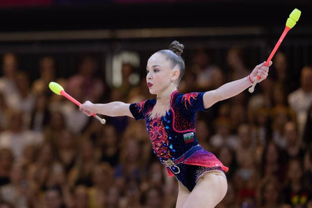Rhythmic Gymnastics World Championships: Stiliana Nikolova of Bulgaria during her clubs routine. Rhythmic Gymnastics World Championships, August 11–16 at the Festhalle in Frankfurt am Main. Individual All-Around Final, places 1 through 9, Frankfurt am Main, Hesse, Germany, Festhalle