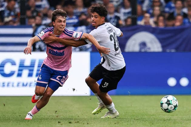 August 15, 2026, xkwix, Soccer, 3rd Division, SC Verl vs. MSV Duisburg, Sportclub Arena, Matchday 2, 2026–2027 season: Jan Simon Symalla (MSV Duisburg, No. 23) in a tackle against Andre Leipold (SC Verl, No. 20). DFB regulations prohibit any use of photographs as image sequences and or quasi-video. Photo: xKamilxWilkowskixPressefotoKochx, North Rhine-Westphalia, Germany