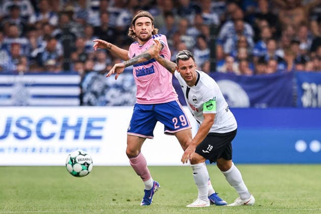 August 15, 2026, xkwix, Soccer, 3rd Division, SC Verl vs. MSV Duisburg, Sportclub Arena, Matchday 2, 2026–2027 Season: Joshua Bitter (MSV Duisburg, No. 29) in a tackle against Niko Kijewski (SC Verl, No. 19). DFB regulations prohibit any use of photographs as image sequences and or quasi-video. Photo: xKamilxWilkowskixPressefotoKochx, North Rhine-Westphalia, Germany