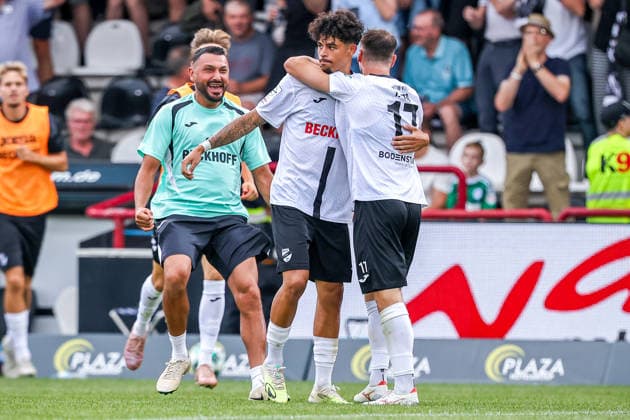 August 15, 2026, xkwix, Soccer, 3rd Division, SC Verl vs. MSV Duisburg, Sportclub Arena, Matchday 2, 2026–2027 Season: Andre Leipold (SC Verl, 20) and Yari Otto (SC Verl, 17) celebrate the 2–0 goal. DFB regulations prohibit any use of photographs as image sequences and or quasi-video. Photo: xKamilxWilkowskixPressefotoKochx, North Rhine-Westphalia Germany