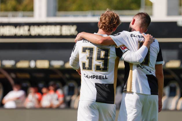 Pictured: Celebrations after the goal that made it 3–1, from left: Cole Campbell (SV 07 Elversberg, 39) and Lukasz Poreba (SV 07 Elversberg, 8), August 15, 2026, 1st Bundesliga, Friendly Match, SV 07 Elversberg vs. FC Lorient, Germany, Spiesen Elversberg, URSAPHARM Arena, DFL REGULATIONS PROHIBIT ANY USE OF PHOTOGRAPHS AS IMAGE SEQUENCES AND OR QUASI-VIDEO Copyright: HMBxMedia xJulienxBecker