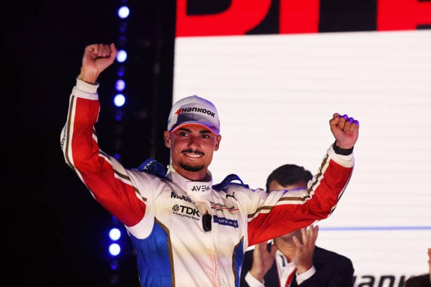 Winner Pascal Wehrlein (GER) in his Porsche 94 striking a celebratory pose on the podium, Race 1, FIA Formula E World Championship, Season 12, London E-Prix, August 15, 2026, Excel Exhibition Center,