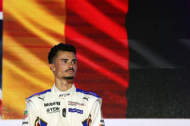 Winner Pascal Wehrlein (GER) in a Porsche 94 on the podium, Race 1, FIA Formula E World Championship, Season 12, London E-Prix, August 15, 2026, Excel Exhibition Center, standing in front of the German flag during the national anthem