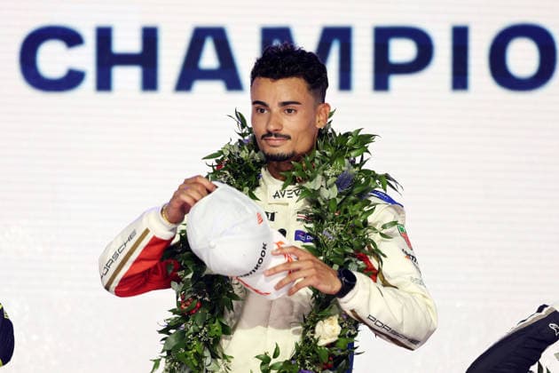 Winner Pascal Wehrlein (GER) in his Porsche 94 striking a celebratory pose on the podium, Race 1, FIA Formula E World Championship, Season 12, London E-Prix, August 15, 2026, Excel Exhibition Center,
