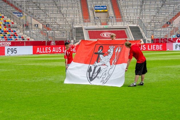 August 15, 2026, xkkux, Soccer, Fortuna Düsseldorf vs. TSG 1899 Hoffenheim II, 3. Liga, MERKUR SPIEL ARENA, Matchday 2, 2026–2027 Season. Feature: Flag, Logo, Fortuna. DFB regulations prohibit any use of photographs as image sequences and or quasi-video. North Rhine-Westphalia, Germany