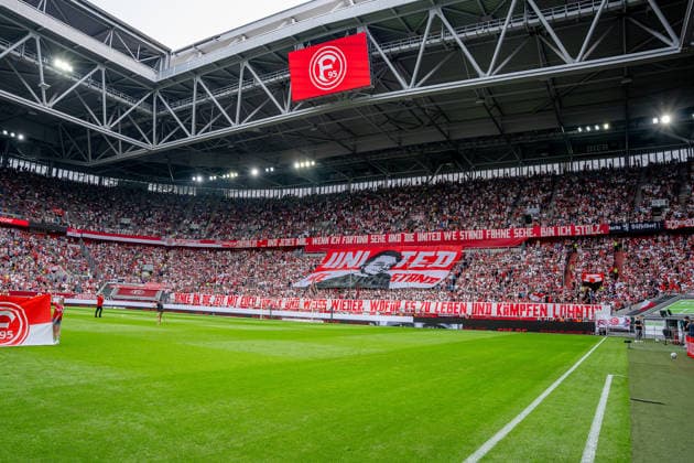 August 15, 2026, xkkux, Soccer, Fortuna Düsseldorf vs. TSG 1899 Hoffenheim II, 3. Liga, MERKUR SPIEL ARENA, Matchday 2, 2026–2027 Season; Choreography by the fans in the stands; DFB regulations prohibit any use of photographs as image sequences and or quasi-video; North Rhine-Westphalia, Germany