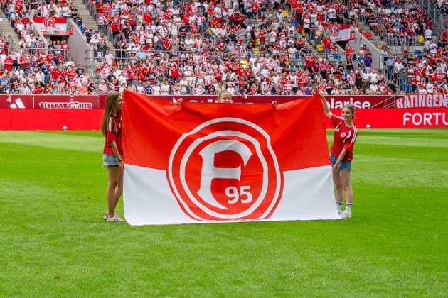 August 15, 2026, xkkux, Soccer, Fortuna Düsseldorf vs. TSG 1899 Hoffenheim II, 3. Liga, MERKUR SPIEL ARENA, Matchday 2, 2026–2027 Season. Feature: Flag, Logo, Fortuna. DFB regulations prohibit any use of photographs as image sequences and or quasi-video. North Rhine-Westphalia, Germany