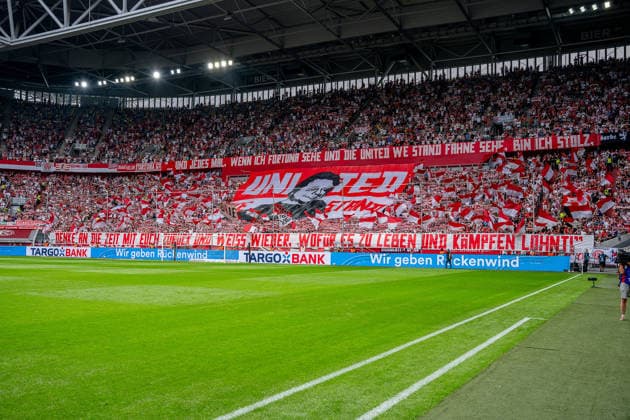 August 15, 2026, xkkux, Soccer, Fortuna Düsseldorf vs. TSG 1899 Hoffenheim II, 3. Liga, MERKUR SPIEL ARENA, Matchday 2, 2026–2027 Season; Choreography by the fans in the stands; DFB regulations prohibit any use of photographs as image sequences and or quasi-video; North Rhine-Westphalia, Germany