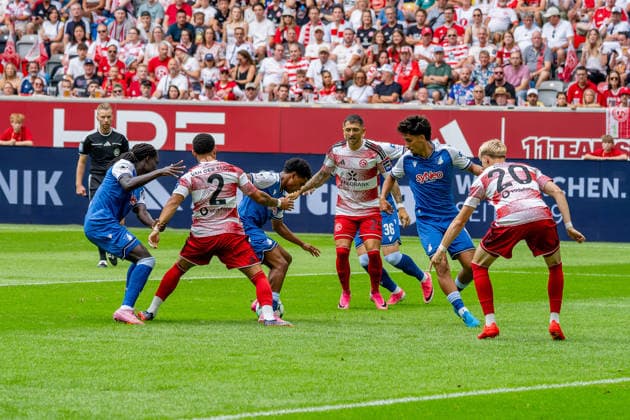 August 15, 2026, xkkux, Soccer, Fortuna Düsseldorf vs. TSG 1899 Hoffenheim II, 3. Liga, MERKUR SPIEL ARENA, Matchday 2, 2026–2027 Season Steven van der Sloot Fortuna Düsseldorf 02 Matthias Zimmermann Fortuna Düsseldorf 25 Felix Meiser Fortuna Düsseldorf 20 in a tackle against Blessing Makanda TSG Hoffenheim II 17 Yasin Zor TSG Hoffenheim II 10 DFB regulations prohibit any use of photographs as image sequences and or quasi-video North Rhine-Westphalia, Germany