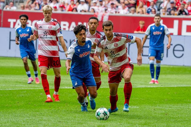 August 15, 2026, xkkux, Soccer, Fortuna Düsseldorf vs. TSG 1899 Hoffenheim II, 3. Liga, MERKUR SPIEL ARENA, Matchday 2, 2026–2027 Season Yasin Zor (TSG Hoffenheim II) 10 in a tackle against Tim Oberdorf (Fortuna Düsseldorf) 15 DFB regulations prohibit any use of photographs as image sequences and or quasi-video North Rhine-Westphalia, Germany