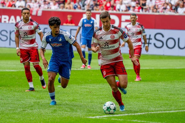 August 15, 2026, xkkux, Soccer, Fortuna Düsseldorf vs. TSG 1899 Hoffenheim II, 3. Liga, MERKUR SPIEL ARENA, Matchday 2, 2026–2027 Season Yasin Zor (TSG Hoffenheim II) 10 in a tackle against Tim Oberdorf (Fortuna Düsseldorf) 15 DFB regulations prohibit any use of photographs as image sequences and or quasi-video North Rhine-Westphalia, Germany
