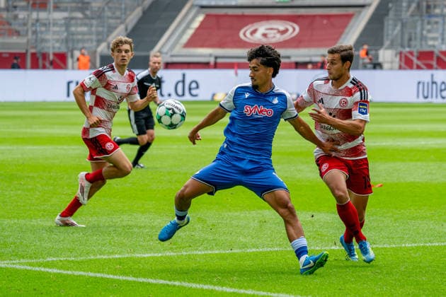 August 15, 2026, xkkux, Soccer, Fortuna Düsseldorf vs. TSG 1899 Hoffenheim II, 3. Liga, MERKUR SPIEL ARENA, Matchday 2, 2026–2027 Season Yasin Zor (TSG Hoffenheim II) 10 in a tackle against Tim Oberdorf (Fortuna Düsseldorf) 15 DFB regulations prohibit any use of photographs as image sequences and or quasi-video North Rhine-Westphalia, Germany