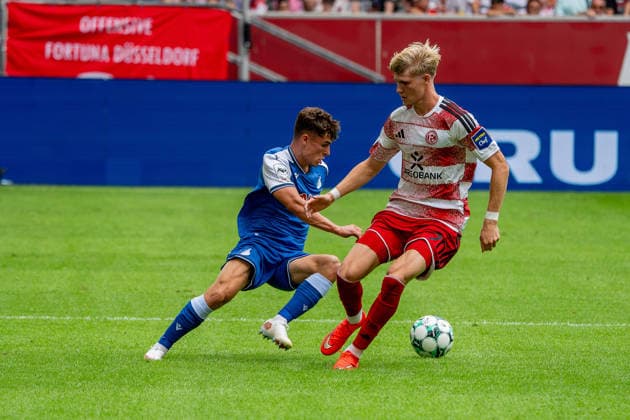 August 15, 2026, xkkux, Soccer, Fortuna Düsseldorf vs. TSG 1899 Hoffenheim II, 3. Liga, MERKUR SPIEL ARENA, Matchday 2, 2026–2027 Season: Felix Meiser of Fortuna Düsseldorf, age 20, in a tackle. DFB regulations prohibit any use of photographs as image sequences and or quasi-video. North Rhine-Westphalia, Germany