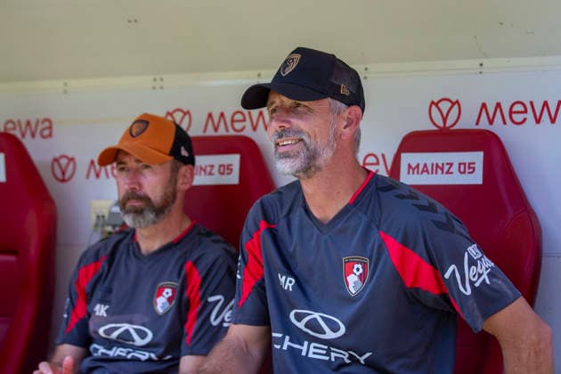 GER, Mainz, Soccer, Friendly Match, FSV Mainz 05 vs. AFC Bournemouth (pictured, from left: Marco Rose, Head Coach of AFC Bournemouth), August 15, 2026, MEWA Arena, Mainz. DFL and DFB regulations prohibit any use of photographs as image sequences and or quasi-video, Copyright: HMBxMedia PaulxFritz