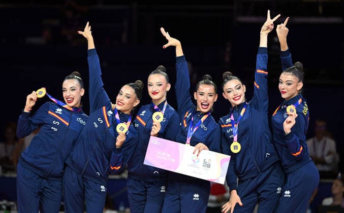 August 15, 2026, xhbx, 2026 Rhythmic Gymnastics World Championships, from left: Team, Group, Spain, Spain, Medal Ceremony, Group All-Around Final, Frankfurt am Main