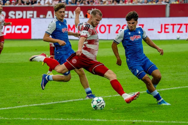 August 15, 2026, xkkux, Soccer, Fortuna Düsseldorf vs. TSG 1899 Hoffenheim II, 3. Liga, MERKUR SPIEL ARENA, Matchday 2, 2026–2027 Season Eric Hottmann of Fortuna Düsseldorf 09 in a tackle against Yasin Zor of TSG Hoffenheim II 10 Maximilian Raphael Theuer of TSG Hoffenheim II 47 DFB regulations prohibit any use of photographs as image sequences and or quasi-video North Rhine-Westphalia, Germany