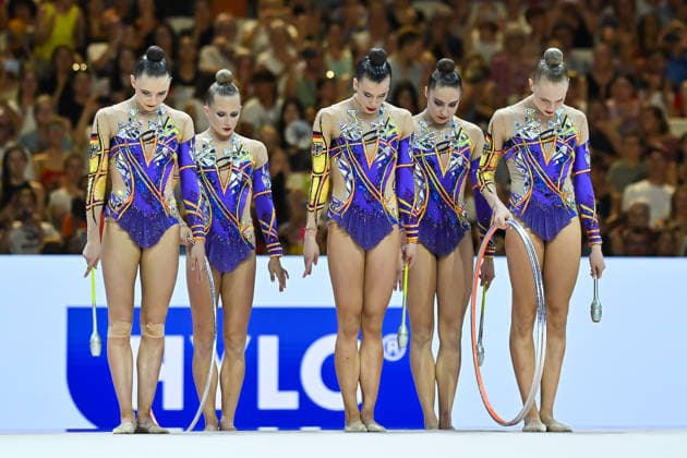 Germany Team (from left): Helena Ripken, Anja Kosan, Alisa Datsenko, Anna Maria Shatokhin, and Alina Ott Rhythmic Gymnastics World Championships Group All-Around, August 15, 2026 Rhythmic Gymnastics World Championships Group All-Around, August 15, 2026, Frankfurt Copyright: xEibner-Pressefoto xHoepnerx EP_PHR