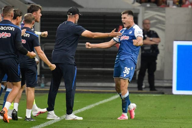 Jakov Dedic (Hoffenheim 36) celebrates after scoring the goal to make it 0–2 in front of Stefan Kleineheismann (Hoffenheim 15) on August 8, 2026 ¢ Soccer ¢ Fortuna Düsseldorf vs. TSG 1899 Hoffenheim II, Merkur Spiel Arena, Düsseldorf, DFB DFL regulations prohibit any use of photographs as image sequences and or quasi-video. NRW, Germany Copyright: xpepphotox xSaschaxWeizx pep00321, pep_20260815_hm_55690