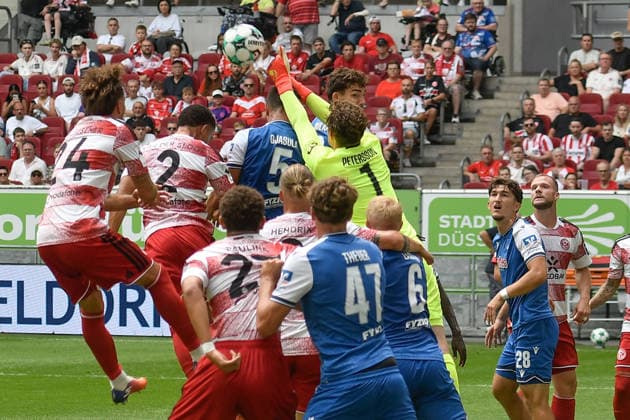 Lukas Petersson of Hoffenheim 1 thwarts a scoring chance by Düsseldorf 15 08 2026 ¢ Soccer ¢ Fortuna Düsseldorf vs. TSG 1899 Hoffenheim II, Merkur Spiel Arena, Düsseldorf, DFB and DFL regulations prohibit any use of photographs as image sequences and or quasi-video. NRW, Germany Copyright: xpepphotox xSaschaxWeizx pep00321, pep_20260815_hm_55110
