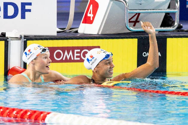 European Aquatics Championships Swimming Day 6 Pauline Mahieu, Mary-Ambre Moluh during European Aquatics Championships Swimming Day 6 in Paris, France, on August 15, 2026 Paris France  Copyright: xFotoxOlimpikx originalFilename:jastrzebowski-european260814_npTFI