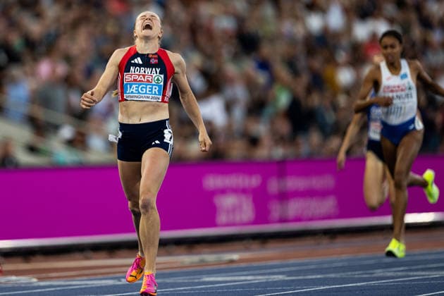 August 15, 2026: Henriette Jaeger of Norway celebrates after the women’s 400-meter final on Day 6 of the 2026 European Athletics Championships in Birmingham. 2026 in Birmingham. Photo by Mathias Bergeld. BILDBYRAN code MB MT1071. track and field, athletics, friidrett, friidrotts EM, 2026 European Athletics Championships, Day 6, bbeng  Copyright: MATHIASxBERGELD BB260815MB105
