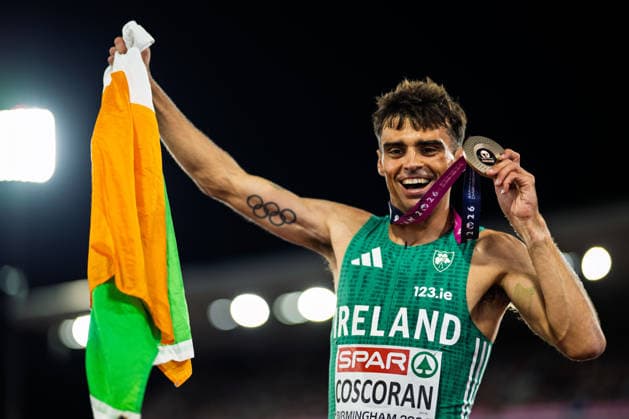 BIRMINGHAM, UNITED KINGDOM - AUGUST 15: Andrew Coscoran of Ireland wins the bronze Medal in the Men s 1500m during the European Athletics Championships at Alexander Stadium on August 15, 2026 in Birmingham, United Kingdom. England United Kingdom Copyright: xBEAUTIFULxSPORTS TobiasxLacknerx