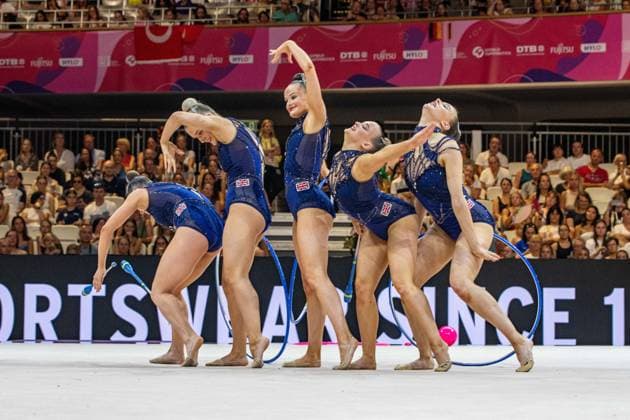 August 15, 2026, Frankfurt, Hesse, Germany: The Great Britain team, comprised of JERSEY AYLWARD, ERIN BYRNE, LOTTIE CAHILL, TALLULAH CRABTREE, and ELISA ROBINSON, competes in the 42nd Rhythmic gymnastics, Rhythmische Sportgymnastik, RSG World Championships group all-around finals in the Festhalle in Frankfurt, Hesse, Germany on Saturday, August 15, 2026. 2026 Rhythmic Gymnastics World Championships Group All-Around Finals - ZUMAd168 20260815_zsp_d168_003 Copyright: xKaixDambachx