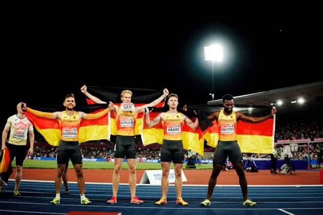 European Athletics Championships, Birmingham, August 15, 2026: German relay runners Lucas Ansah Peprah, Kevin Kranz, Marvin Schulte, and Heiko Gussmann celebrate with their national flag on the track at Alexander Stadium in Birmingham during the European Athletics Championships on August 10, 2026 Copyright: xBEAUTIFULxSPORTS Flatemerschx