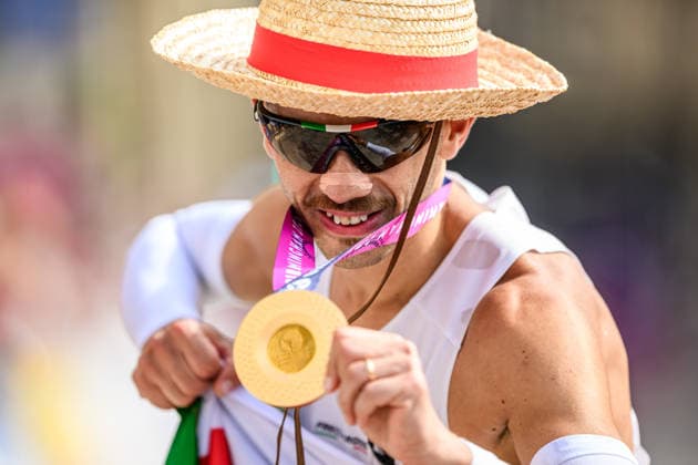 August 15, 2026: Massimo Stano of Italy celebrates his first-place finish with his gold medal after competing in the men’s marathon race walk on Day 6 of the 2026 European Athletics Championships on August 15, 2026 in Birmingham. Photo by Maxim Thore. BILDBYRAN code MT MT1071 athletics friidrett European Athletics Championships 2026 day 6 race walk gold  Copyright: MAXIMxTHORE BB260815MT071