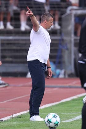 August 15, 2026, xsefx, Soccer, SC Fortuna Köln vs. TSV Alemannia Aachen, 3. Liga, Südstation, Matchday 2, 2026–2027 Season Head Coach Mersad Selimbegovic Alemannia Aachen HC excited in the coaching zone DFB regulations prohibit any use of photographs as image sequences and or quasi-video North Rhine-Westphalia, Germany