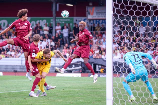 August 15, 2026, xsefx, Soccer, SC Fortuna Köln vs. TSV Alemannia Aachen, 3. Liga, Südstation, Matchday 2, 2026–2027 Season. Header by Romeo Aigbekaen, Fortuna Cologne 30. DFB regulations prohibit any use of photographs as image sequences and or quasi-video. North Rhine-Westphalia, Germany