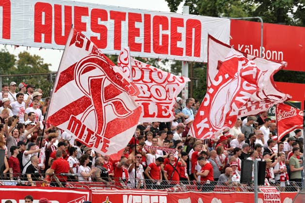 August 15, 2026, xsefx, soccer, SC Fortuna Köln vs. TSV Alemannia Aachen, 3rd Division, Südstation, Matchday 2, 2026–2027 season, fans in the stands, feature, interior view of the stadium. DFB regulations prohibit any use of photographs as image sequences and or quasi-video. North Rhine-Westphalia, Germany