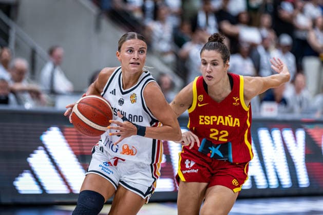 Basketball Ludwigsburg, August 15, 2026 DBB Women s National Team 2026 Friendly Match Germany (GER) vs. Spain (ESP) Alexandra Wilke (Germany, No. 03) Txell Alarcon (Spain, No. 22)