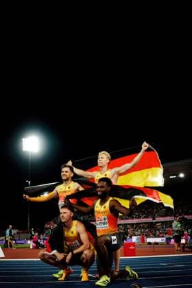 European Athletics Championships, Birmingham, August 15, 2026: German relay runners Marvin Schulte, Lucas Ansah Peprah, Kevin Kranz, and Heiko Gussmann celebrate with their national flag at the European Athletics Championships at Alexander Stadium in Birmingham on August 10, 2026 Copyright: xBEAUTIFULxSPORTS Flatemerschx