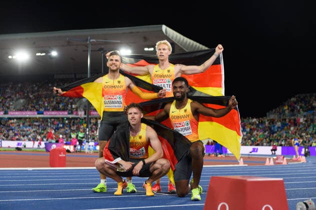 BIRMINGHAM, GREAT BRITAIN - August 15: German 4x100 metres relay team with Lucas Ansah-Peprah, Heiko Gussmann, Kevin Kranz, and Marvin Schulte after winning silver during the European Athletics Championships 2026 at Alexander Stadium in Birmingham, Great Britain (Photo by Sven Beyrich Sports Press Photo) Copyright: xSvenxBeyrich SportsxPressxPhotox Sportspressphoto_SPR207934