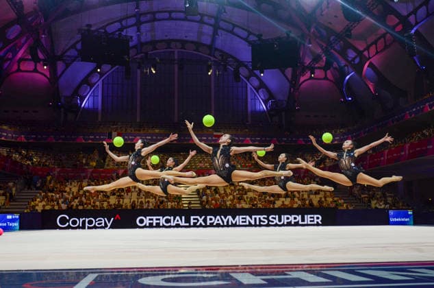 August 15, 2026, Frankfurt, Hesse, Germany: Chinese Taipei s team, comprised of CHANG CHI-YUN, LEE YU-WEN, LI TZU-WEN, LU YUAN-LO, and SUN KENG HSIN, competes in the 42nd Rhythmic gymnastics, Rhythmische Sportgymnastik, RSG World Championships group all-around finals in the Festhalle in Frankfurt, Hesse, Germany on Saturday, August 15, 2026. 2026 Rhythmic Gymnastics World Championships Team Finals - ZUMAd168 20260815_zsp_d168_029 Copyright: xKaixDambachx