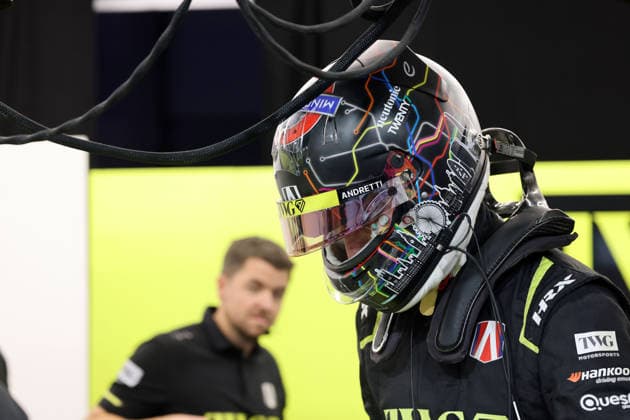Jake Dennis (GBR) of Andretti, wearing a special London helmet livery, getting into his Gen3 Evo race car, Race 1, FIA Formula E World Championship, Season 12, London E-Prix, August 15, 2026, Excel Exhibition Center,
