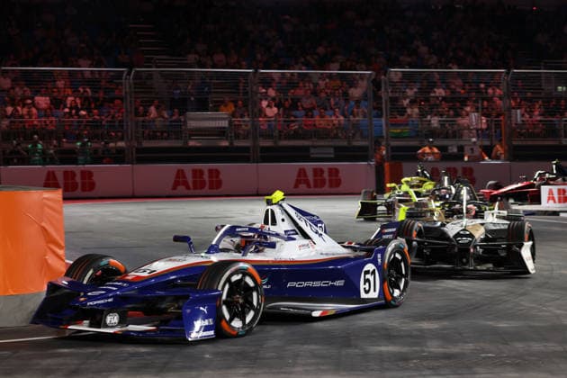 Nico Mueller (SUI) in a Porsche 94 ahead of Mitch Evans (NZL) in a Jaguar, Race 1, FIA Formula E World Championship, Season 12, London E-Prix, August 15, 2026, Excel Exhibition Center,