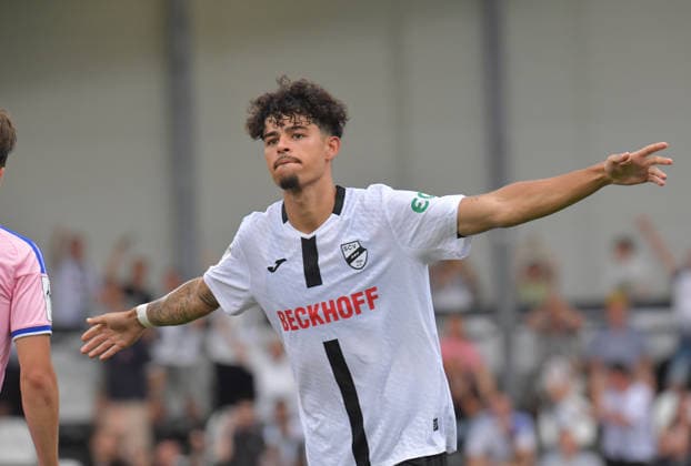 August 15, 2026, GER, Soccer, 3rd Division, 2026–2027 Season, Matchday 2, Sportclub Arena, Verl SC Verl vs. MSV Duisburg 2–4, Goal Celebration, SC Verl Goal Scorer Andre Leipold, SC Verl, Action, Single Frame, Horizontal, Facial Expressions, Gestures, Celebration, Cheering, Joy, Happiness