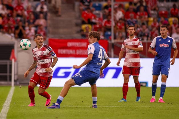 15 08 2026, GER, Soccer, Gentlemen, 3 League , Season 2026 2027, Fortuna Dusseldorf TSG Hoffenheim II Matthias Zimmermann F95 and Finn Sherlock TSG II in Fight to the Ball Copyright: xSvenxHanischx