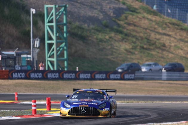 Nürburg, Germany, August 15–16, 2026; DTM 2026 Nürburgring Qualifying 2, Sunday. Pictured: Maro Engel (GER 80) jumps over the curb at the chicane, sending sparks flying. Nürburgring, Rhineland-Palatinate Copyright: xFotostandx xFWMEDIAx