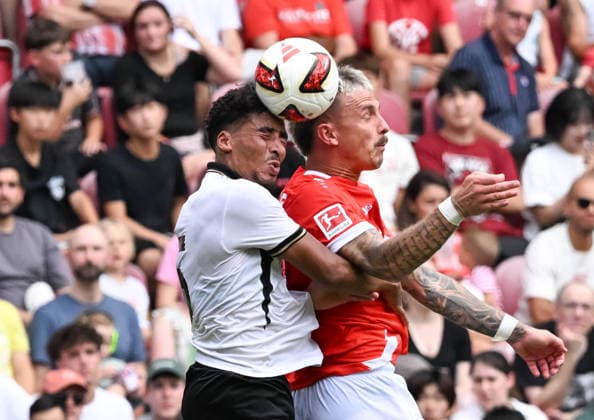 August 15, 2026, xsltx, Soccer Friendly Match, FSV Mainz 05 vs. AFC Bournemouth, James Hill (AFC Bournemouth), Phillip Tietz 1 FSV Mainz 05 DFL DFB REGULATIONS PROHIBIT ANY USE OF PHOTOGRAPHS AS IMAGE SEQUENCES AND OR QUASI-VIDEO