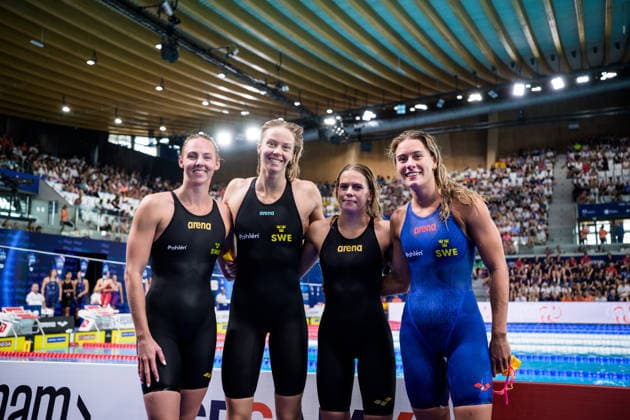 August 16, 2026: Sara Junevik, Louise Hansson, Olivia Klint Ipsa, and Sofia Astedt of Sweden after competing in the women’s 4x100-meter freestyle swimming relay heats on Day 17 of the 2026 European Aquatics Championships on August 16, 2026 in Saint Denis. Photo by Joel Marklund. BILDBYRAN code JM JM0845 bbeng swimming 2026 European Aquatics Championships EM women’s team relay Sweden  Copyright: JOELxMARKLUND BB260816JM011